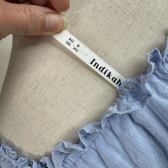 Indikah Off Shoulder Ruffle Mini Dress Smocked Waist Lined Light Blue Size XS - Picture 6 of 8
